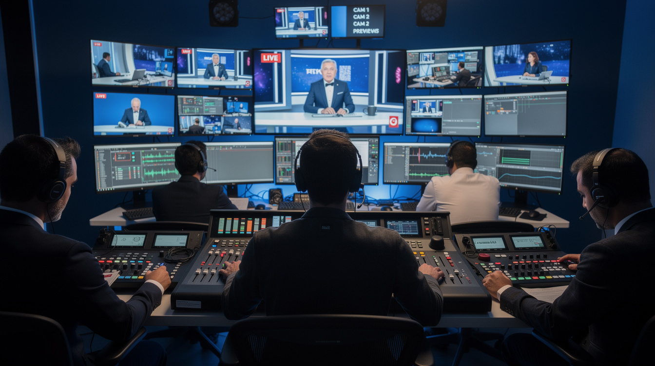 TV broadcast control room with multiple screens during a live show
