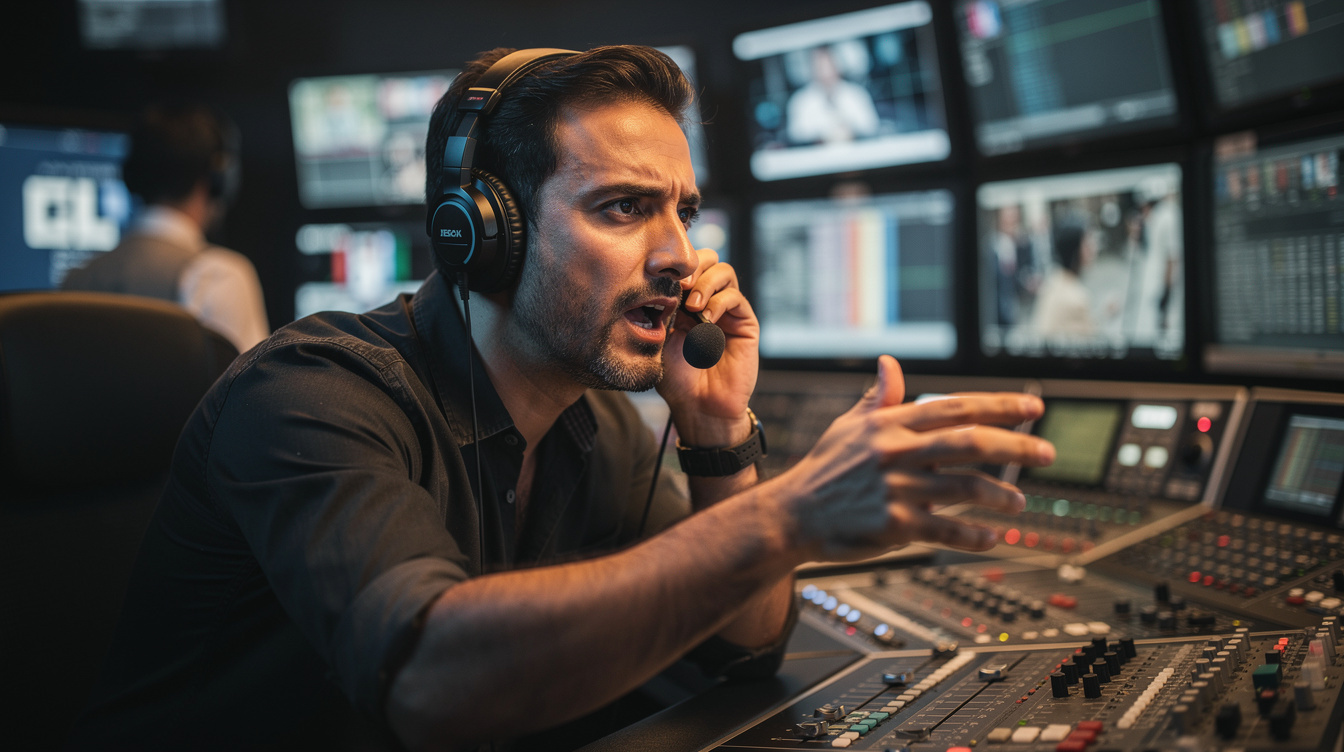 Director speaking into a headset during a tense live broadcast moment