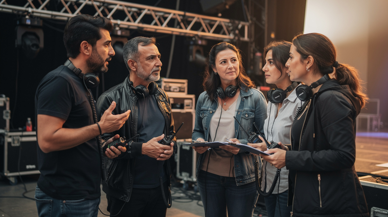 TV production crew having a briefing before a live broadcast