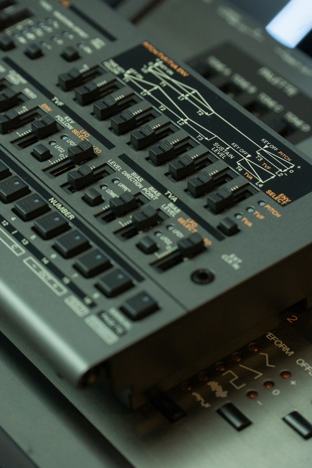 Broadcast control room with mixing desk and switcher panel