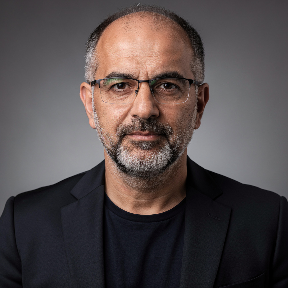 Turkish man TV director wearing glasses in a studio portrait